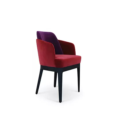Dining chair with casual curved back, fully upholstered in red and purple, and wooden frame in matte black.