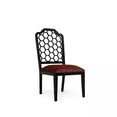 Asian-inspired dining chair with black lacquer frame and red upholstered seat.
