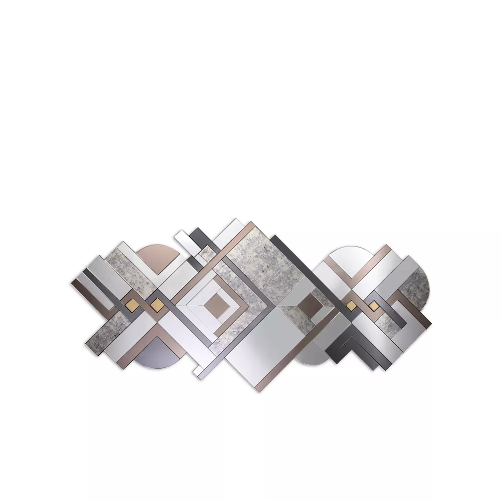 A mirror that brings together angular shapes and multicolored glasses.