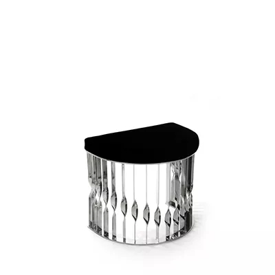 Stool with black upholstered seat and stainless steel base.