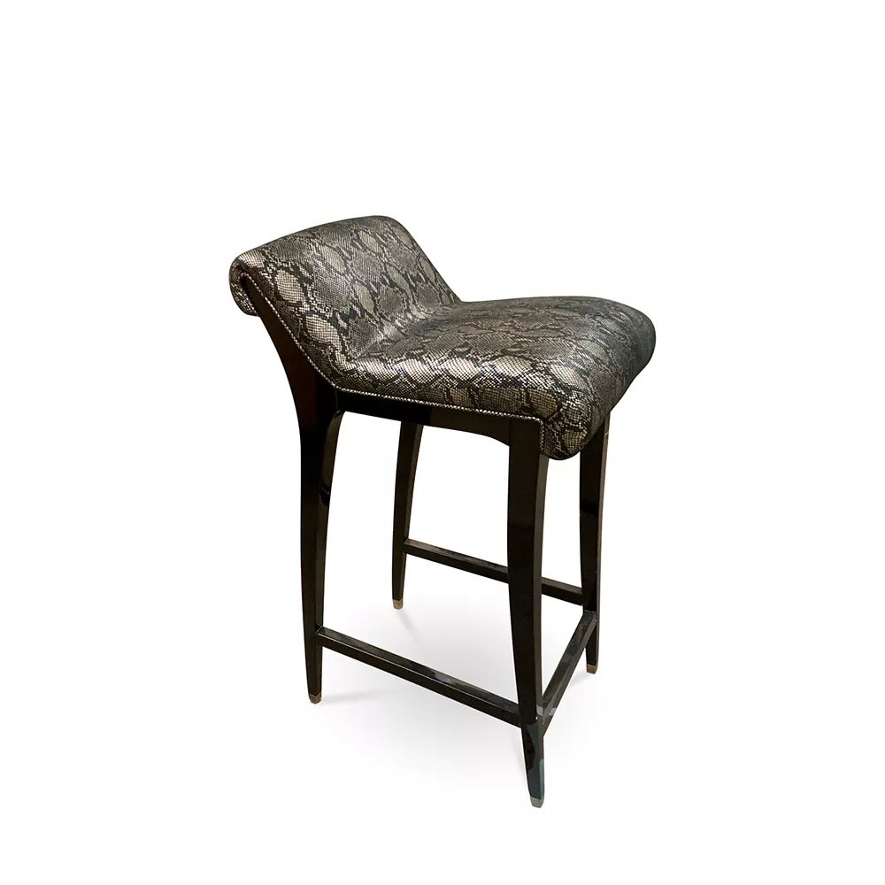 Bar stool upholstered in black python lambskin, matching the ebony veneer base.